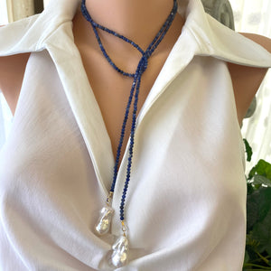 Single Strand of Blue Sodalite Beads & Two Baroque Pearl Lariat Wrap Necklace, 46.5"inches