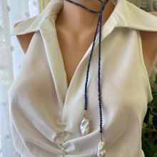 Charger l&#39;image dans la galerie, Single Strand of Blue Sodalite faceted Beads 3mm &amp; one white Baroque Pearl on each end. Versatile Lariat Wrap Necklace, 47&quot;inches long
