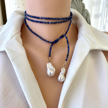 Cargar imagen en el visor de la galería, Blue Sodalite Beaded Lariat Necklace and 2 Baroque pearls at each end
