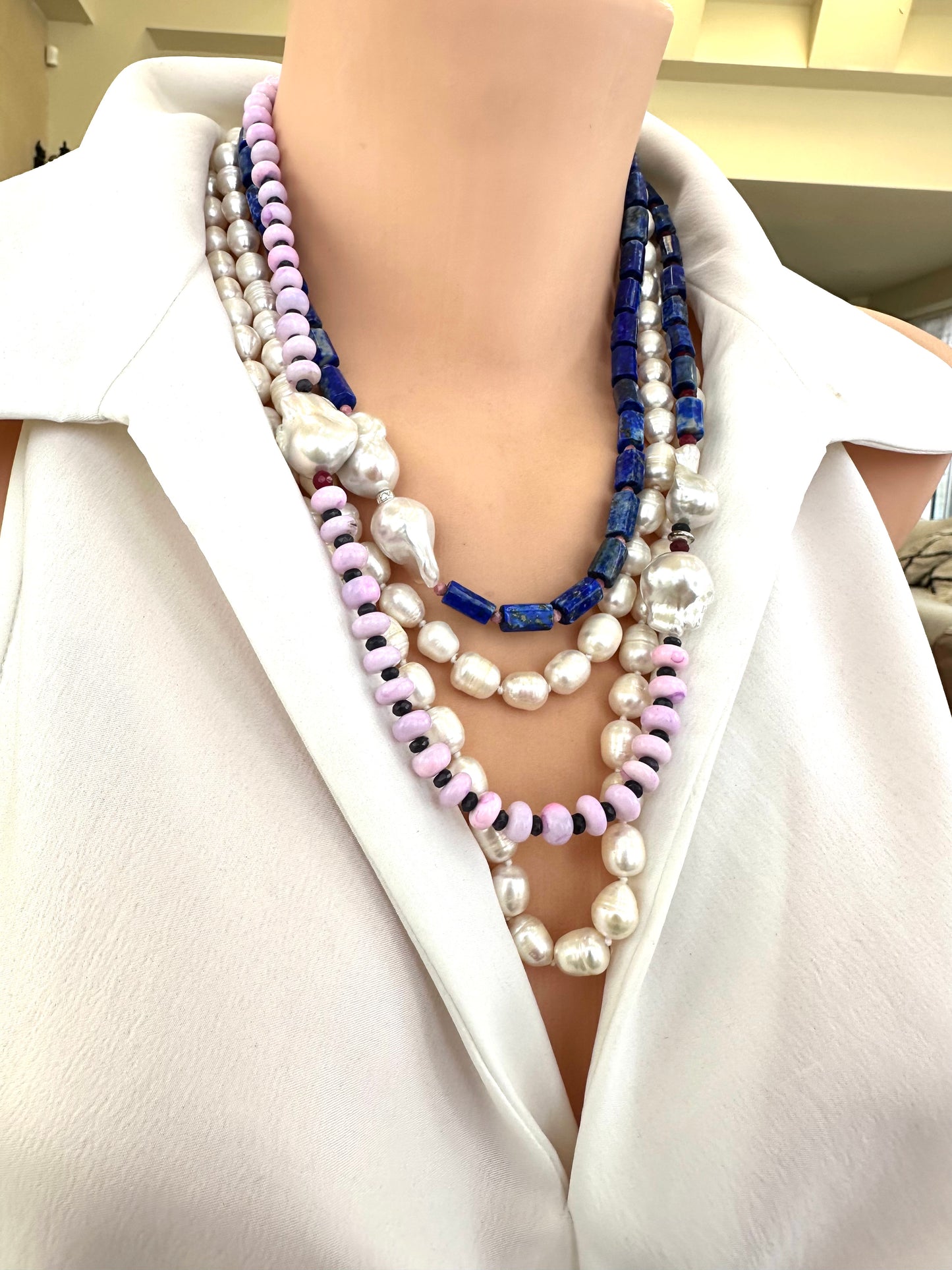 Side view of lapis lazuli opal agate pearl necklace on mannequin — elegant artistic gemstone design by Loulia Pearl Jewelry