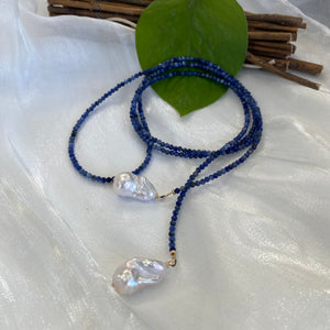Single Strand of Blue Sodalite Beads & Two Baroque Pearl Lariat Wrap Necklace, 46.5"inches