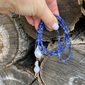 Single Strand of Blue Sodalite Beads & Two Baroque Pearl Lariat Wrap Necklace