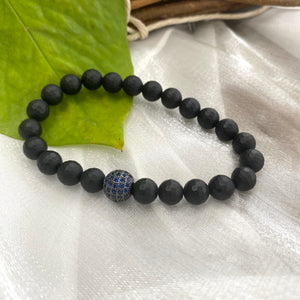 Matte Black Onyx Stretch Bracelet For Men, Blue Cz