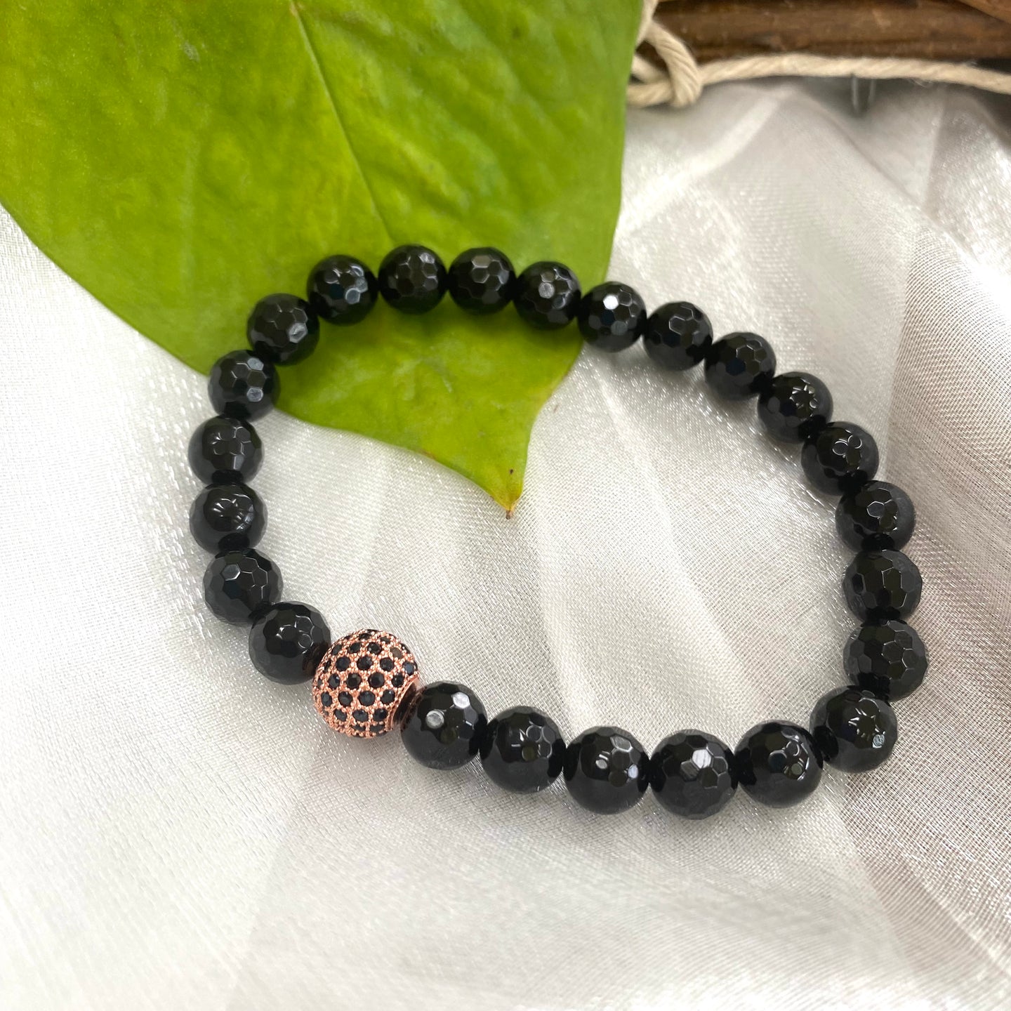 Black Onyx Stretch Bracelet For Men, Cz Pave Rose GP, 7.5