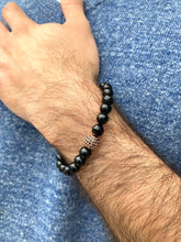 Lade das Bild in den Galerie-Viewer, Black Onyx Stretch Bracelet For Men, Cz Pave Rose GP, 7.5&quot;
