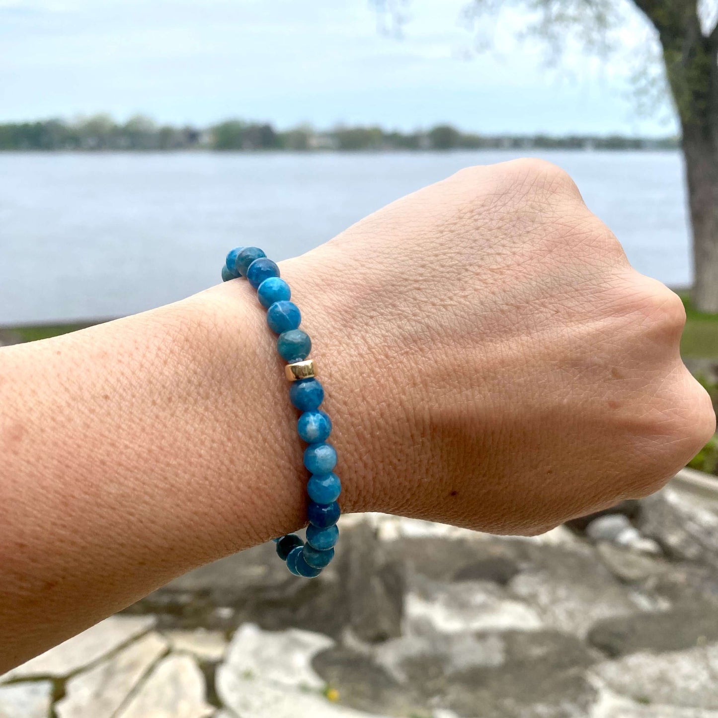 Blue Apatite Bracelet worn on wrist – single bracelet close-up