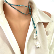 Carica l&#39;immagine nel visualizzatore di Gallery, Blue Apatite &amp; two Large Baroque Pearls Lariat Necklace
