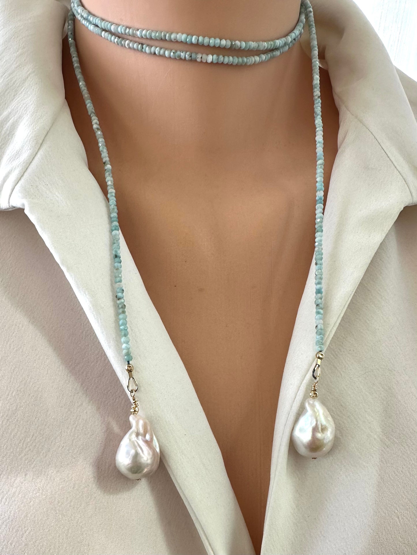 Close-up of Blue Larimar Lariat Necklace on mannequin — detailed view of larimar beads and baroque pearls handcrafted by Loulia Pearl Jewelry
