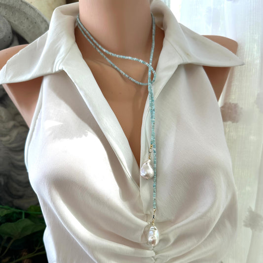 Blue Larimar Lariat Necklace on mannequin — handcrafted larimar and baroque pearl jewelry by Loulia Pearl Jewelry