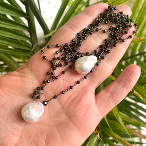 Black Spinel Lariat Rosary Chain With Baroque Pearls, Black Rhodium Plated Silver, 48" – Handmade in Canada