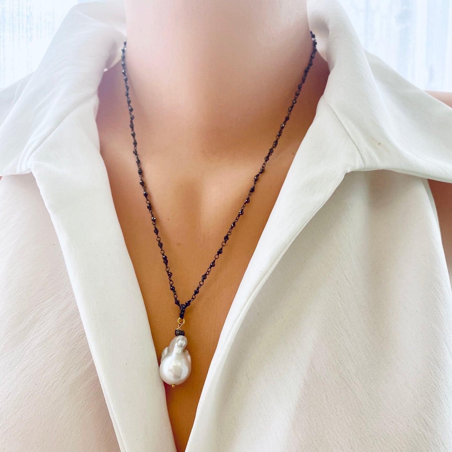 Handmade in Canada Pyrite Rosary Chain & Baroque Pearl Pendant Necklace, GV, Diamond Pave, 20