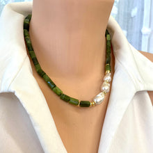 Load image into Gallery viewer, Hand knotted Green Canadian Jade Tube Beads Necklace w Gold Vermeil Plated Silver &amp; Fresh Water Baroque Pearls x3. gold plated silver marine clasp and beads.
Measures almost 18&quot;inches or 45cm

