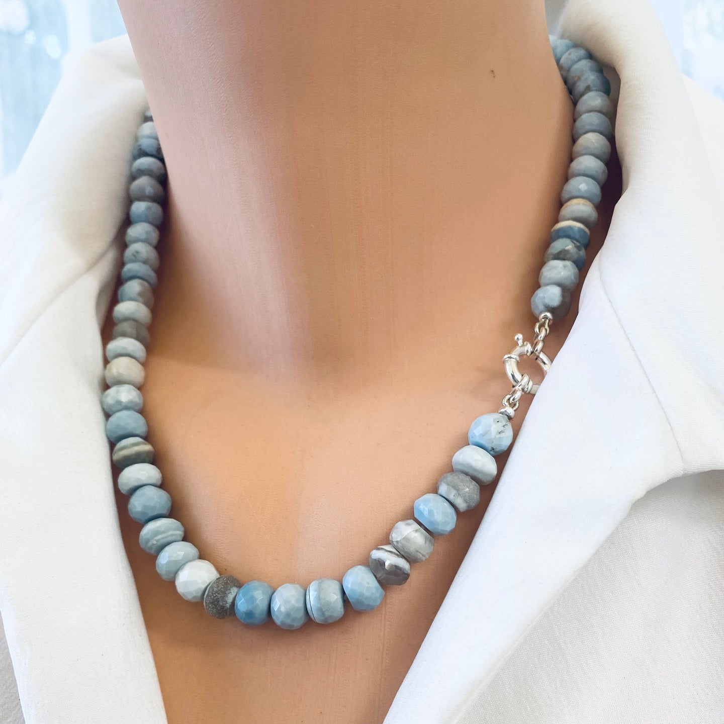 Shaded Blue-Grey Faceted Opal Candy Necklace, Silver Marine Clasp, 19