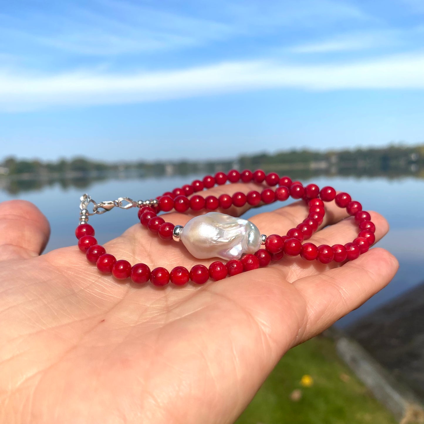 Red Coral Necklace, Baroque Pearl & Silver