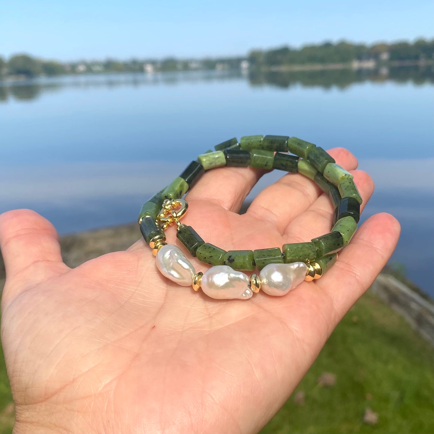Canadian jade pearl necklace with green jade beads and gold vermeil marine clasp