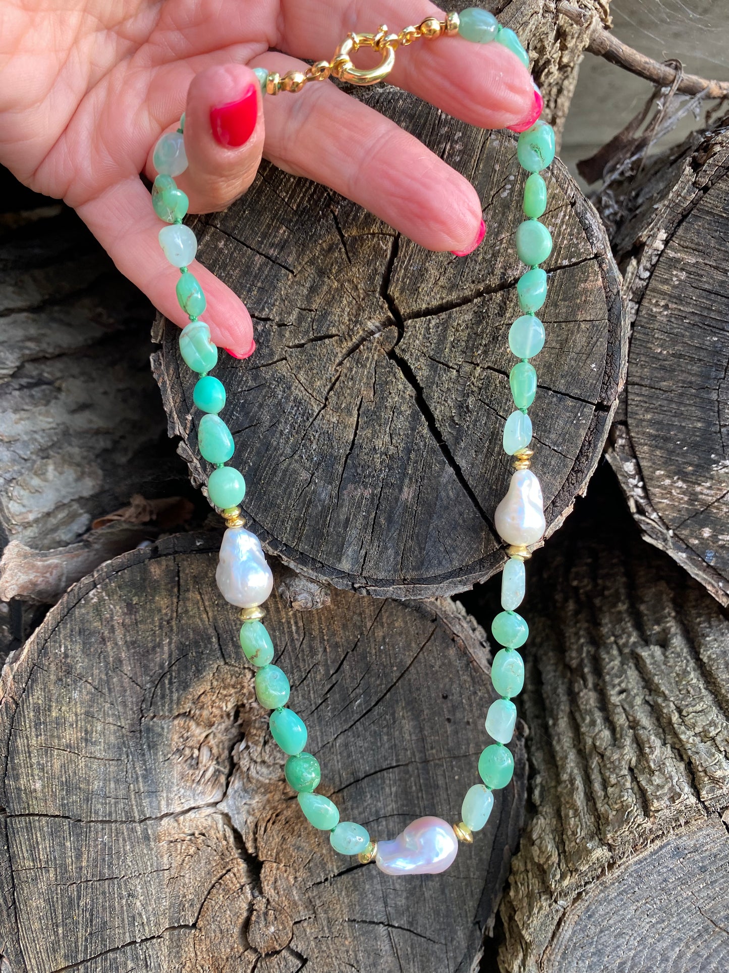 Hand Knotted shaded Apple Green Chrysoprase nugget beads & 3 Baroque Pearls Necklace,  Gold Vermeil Plated Silver separation beads and marine clasp, 17"inches long