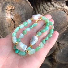 Cargar imagen en el visor de la galería, Hand Knotted shaded Apple Green Chrysoprase nugget beads &amp; 3 Baroque Pearls Necklace,  Gold Vermeil Plated Silver separation beads and marine clasp, 17&quot;inches long
