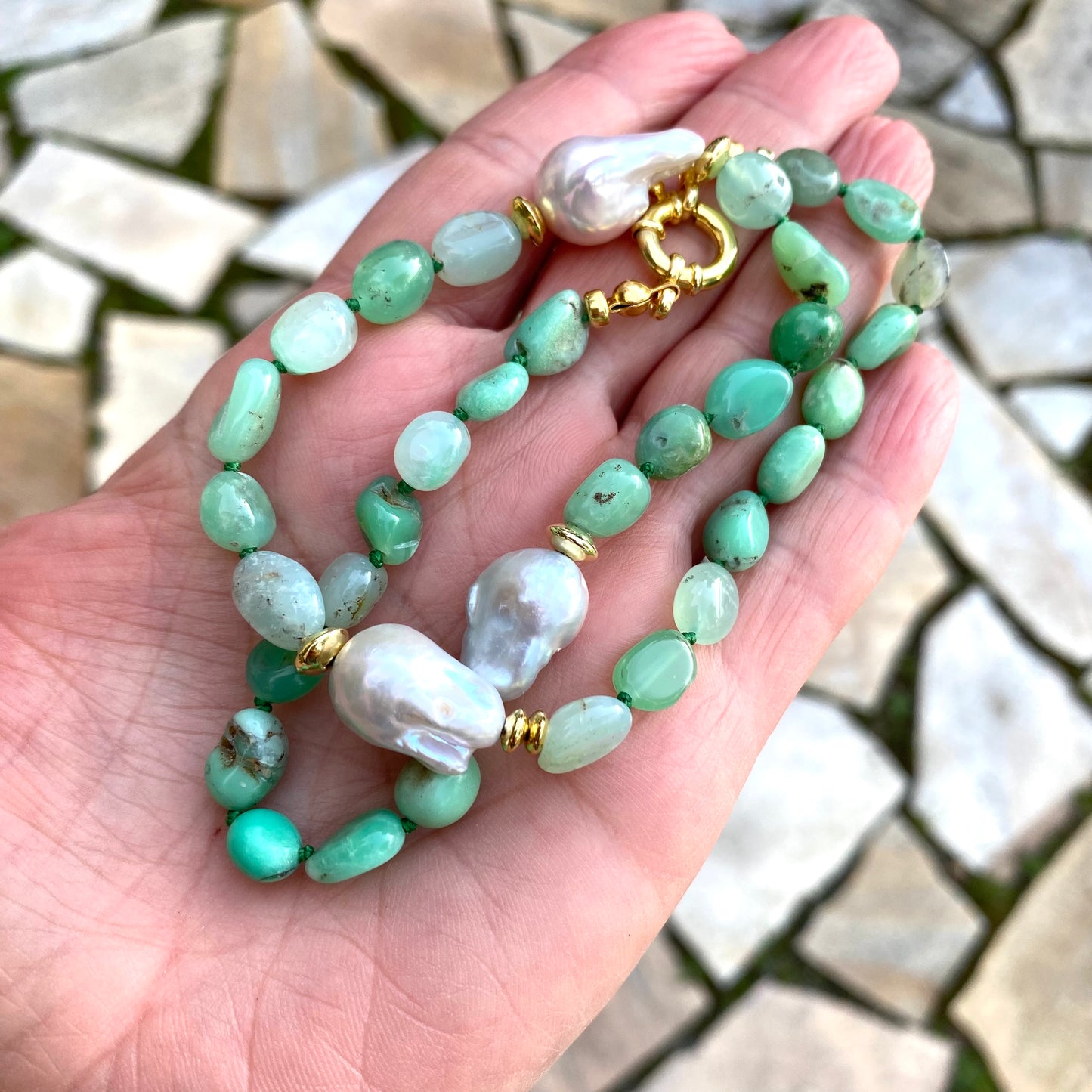 Hand Knotted shaded Apple Green Chrysoprase nugget beads & 3 Baroque Pearls Necklace,  Gold Vermeil Plated Silver separation beads and marine clasp, 17"inches long