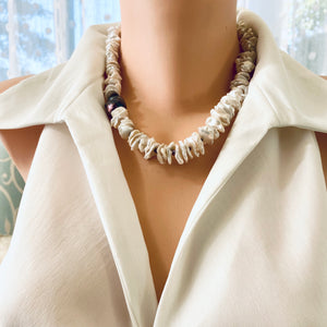 White Cornflake Pearls Necklace & Black Baroque Pearl, Silver Marine Clasp, 19" – Handmade in Canada
