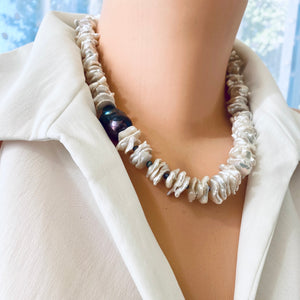 White Cornflake Pearls Necklace & Black Baroque Pearl, Silver Marine Clasp, 19" – Handmade in Canada