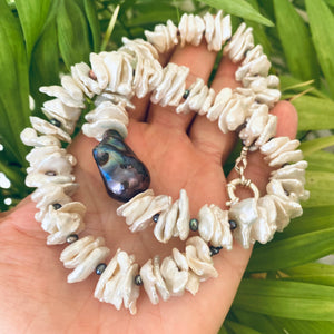 White Cornflake Pearls Necklace & Black Baroque Pearl, Silver Marine Clasp, 19" – Handmade in Canada
