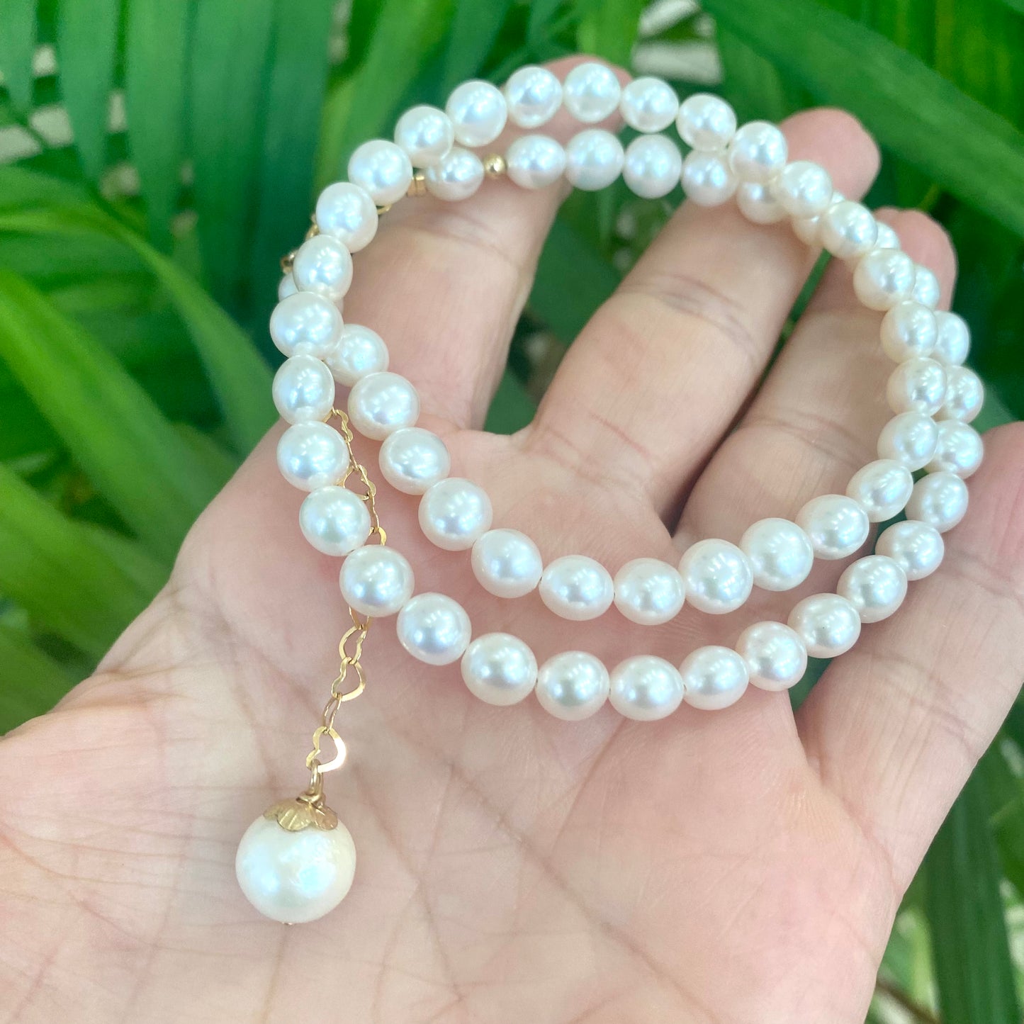 Pearl heart necklace with freshwater white pearls and gold filled heart chain handmade in Canada