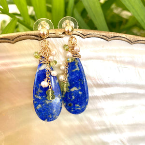 Teardrop Lapis Lazuli & Peridot Earrings, 14k GF