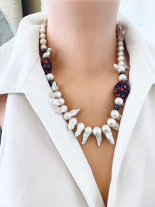 Baroque Pearl Jellyfish Necklace, Rhinestone and Red Coral, 21"