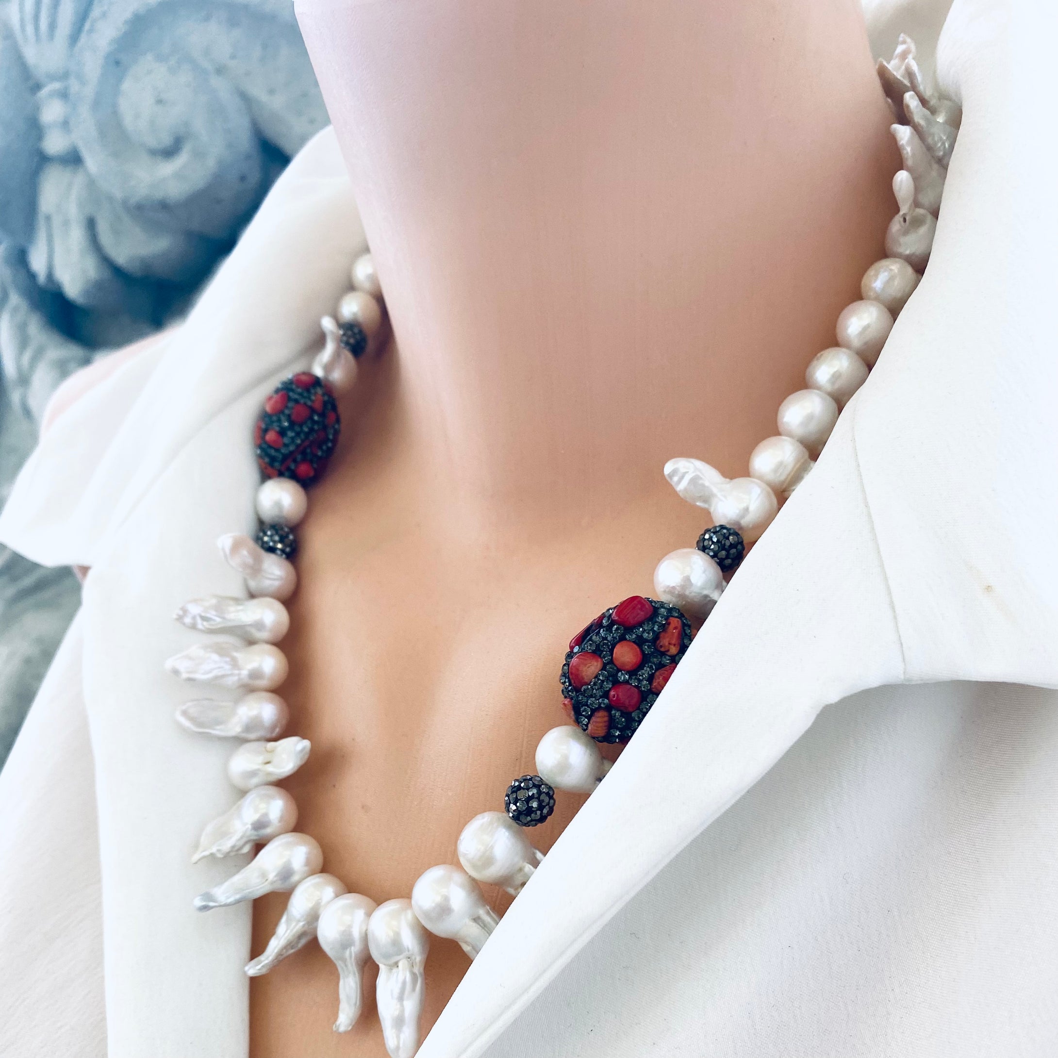 Baroque Pearl Jellyfish Necklace, Rhinestone and Red Coral