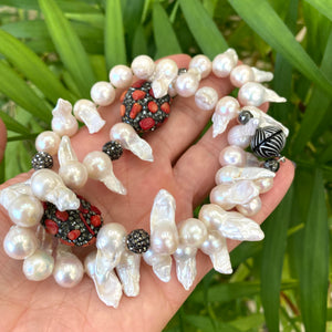 Baroque Pearl Jellyfish Necklace, Rhinestone and Red Coral, 21"