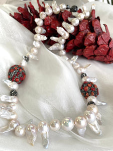 Baroque Pearl Jellyfish Necklace, Rhinestone and Red Coral, 21"
