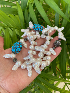 Baroque Pearl Jellyfish Necklace, Rhinestone & Turquoise, 21"