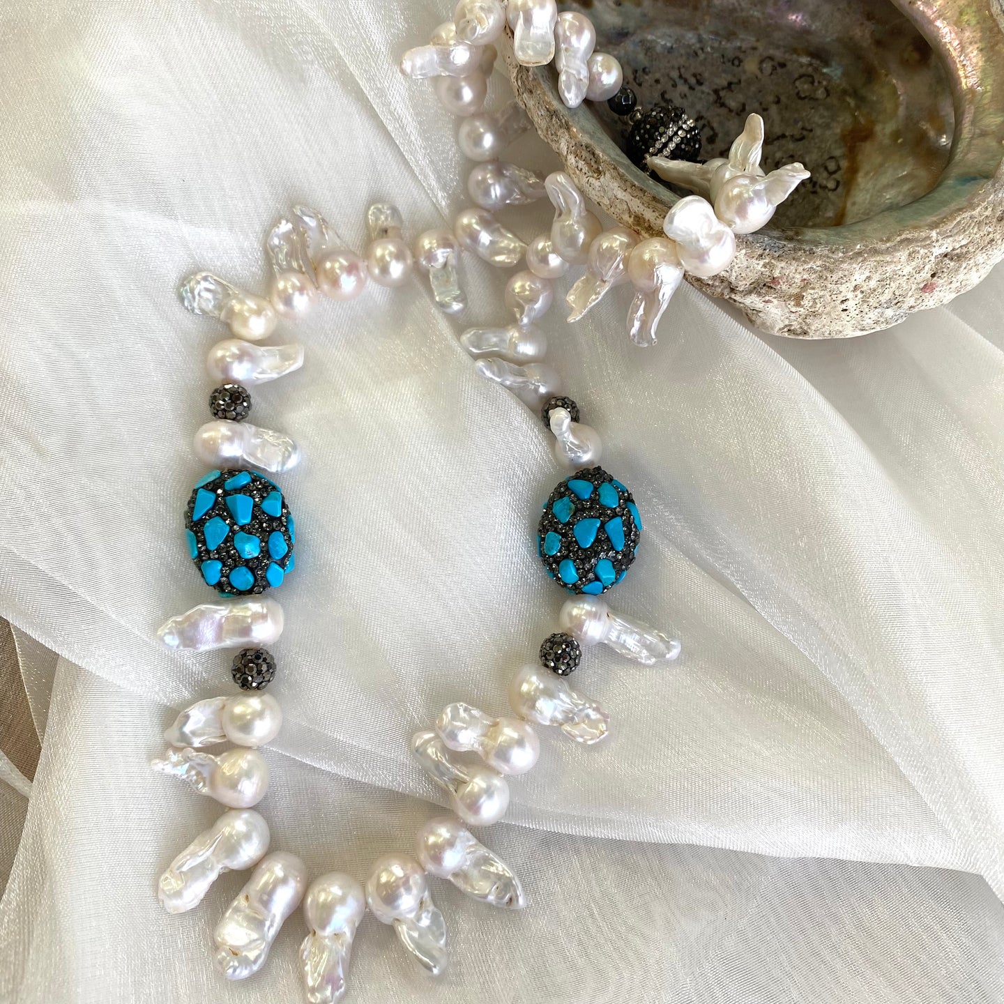Baroque Pearl Jellyfish Necklace, Rhinestone & Turquoise, 21