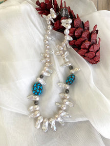 Baroque Pearl Jellyfish Necklace, Rhinestone & Turquoise, 21"