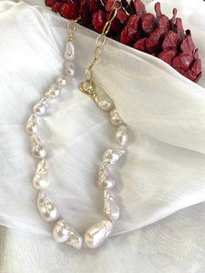 Asymmetric White Baroque Pearl & Chunky Gold Chain Necklace, 24.5’– Handmade in Canada