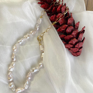 Asymmetric White Baroque Pearl & Chunky Gold Chain Necklace, 24.5’– Handmade in Canada
