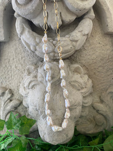 Asymmetric White Baroque Pearl & Chunky Gold Chain Necklace, 24.5’– Handmade in Canada
