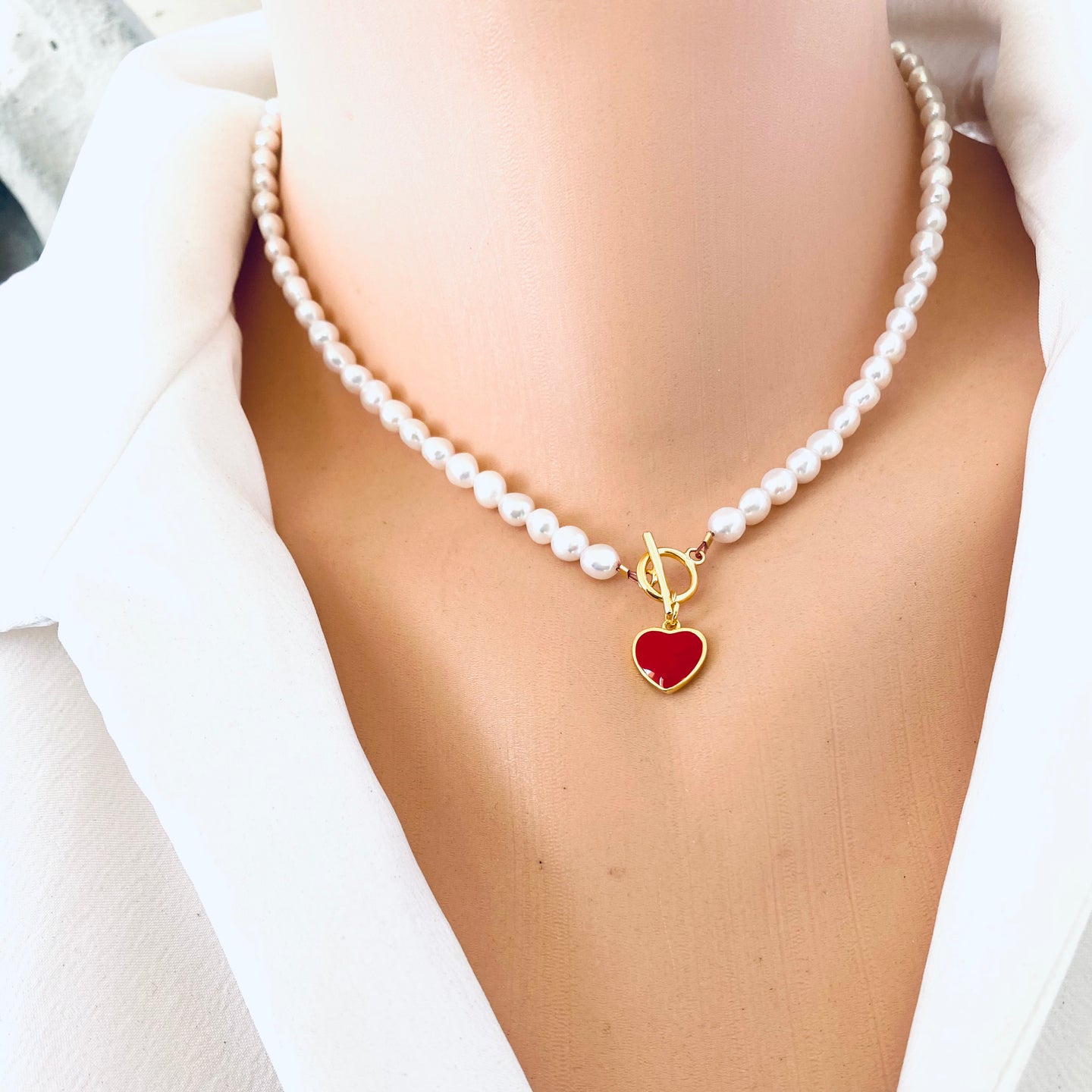 Love White Pearl Necklace with Red Heart Charm, 16