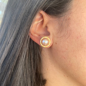 Pink Edison Mabe Pearl Stud Earrings with Cz, Gold