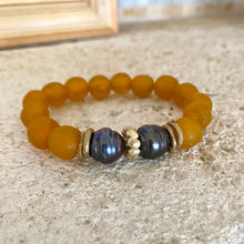 Load image into Gallery viewer, Black Pearl Bracelet, Tangerine African Tribal Recycled Glass, Sea Glass Beaded Chunky Bracelet
