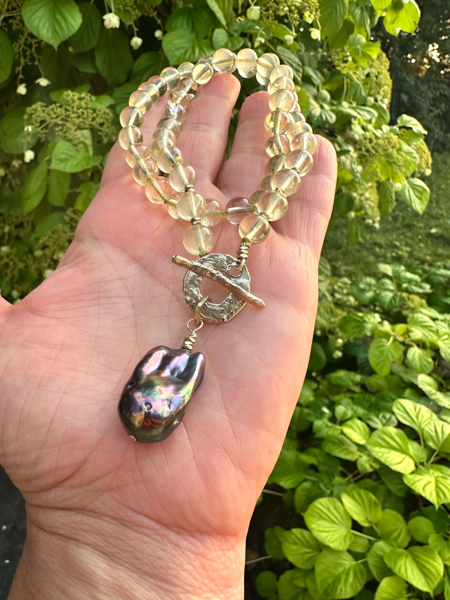 LIVE #3 - Lemon Quartz Pearl Necklace with Baroque Pearl Pendant displayed in hand, showcasing bright yellow tones.