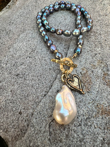 Black Pearl Toggle Necklace & White Baroque Pearl Pendant