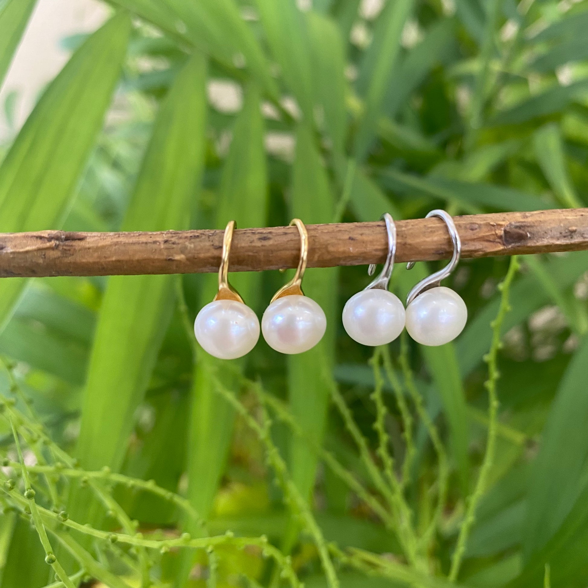 Button Pearl Earrings – gold and silver sets side by side hanging from branch with green foliage
