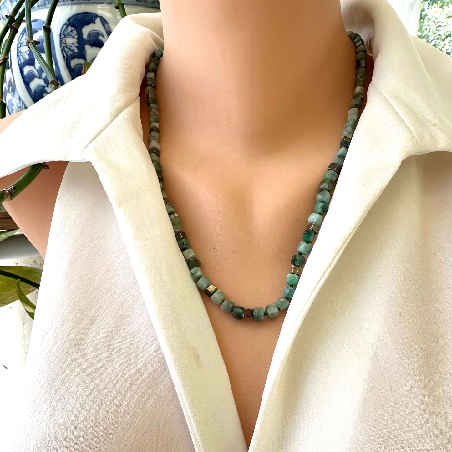 Emerald Pyrite Candy Necklace | 22" Handcrafted Design featuring emerald cube-cut gemstones and pyrite.