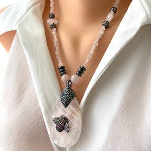 Rose Quartz, Hematite Necklace with Rhinestones Pave Bee Pendant, 20"inches, Magnetic Ball Clasp