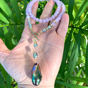 Lavender Amethyst Necklace & Peacock Black Baroque Pearl Pendant, 18.5'– Handmade in Canada