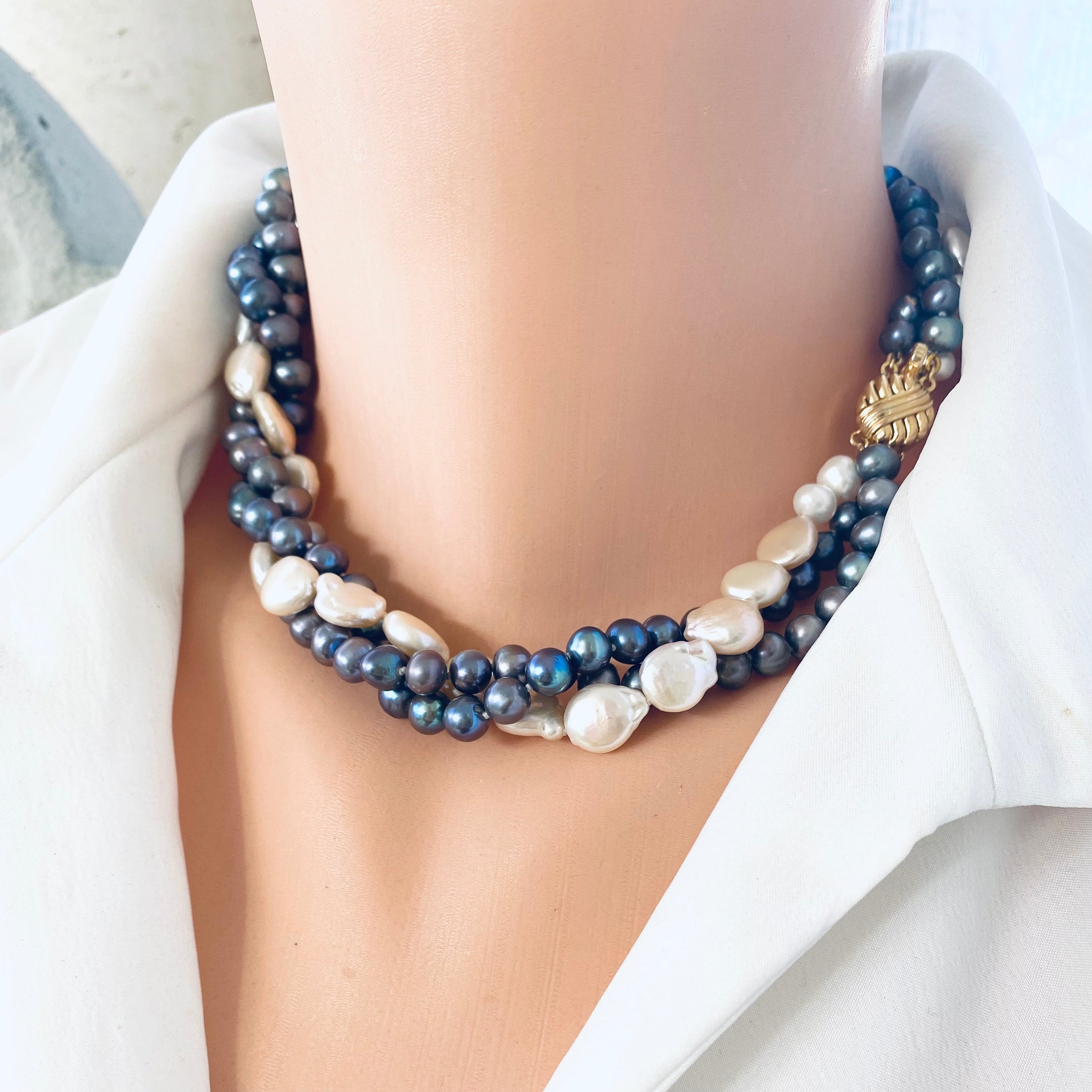 Multi Strand Twisted Black & White Pearl Necklace