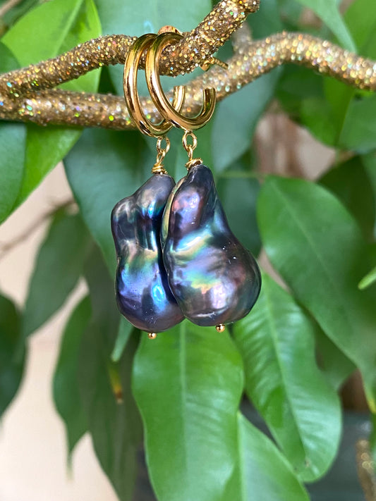 Baroque pearl hoop earrings in black peacock hues with gold vermeil hoops against green leaf background