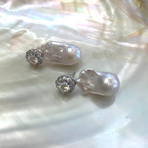 Genuine Moissanite Studs & Removable White Baroque Pearl Drop Earrings – Bridal Earrings – Rhodium Plated Silver – Made in Canada