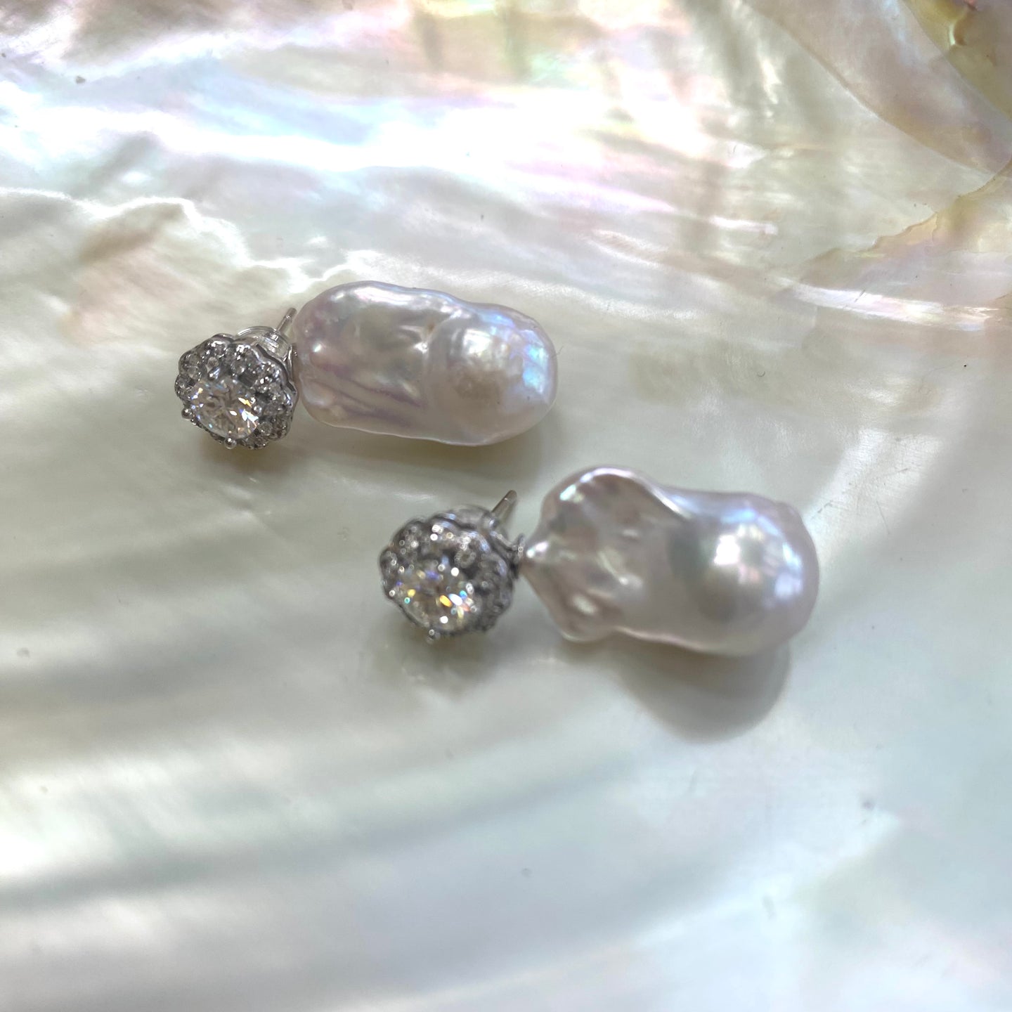 Genuine Moissanite Studs & Removable White Baroque Pearl Drop Earrings – Bridal Earrings – Rhodium Plated Silver – Made in Canada